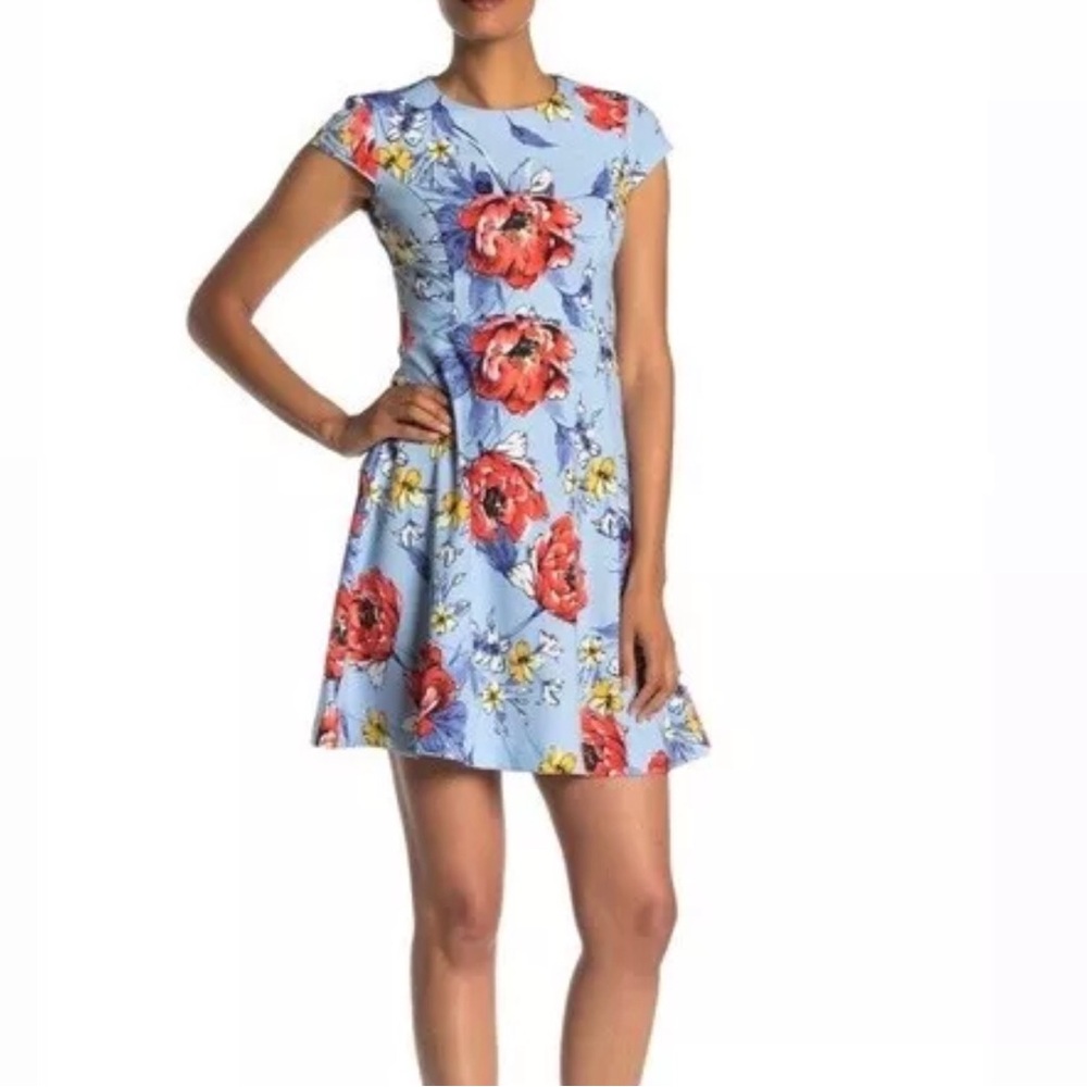Vince Camuto Womens Floral Fit & Flare Mini Dress Size 4 Blue & Red Short Sleeve - Picture 15 of 16